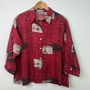 Chico's Design Top Blouse Size 2‎ Red Asian Semi Sheer 3/4 Sleeve Button Down L
